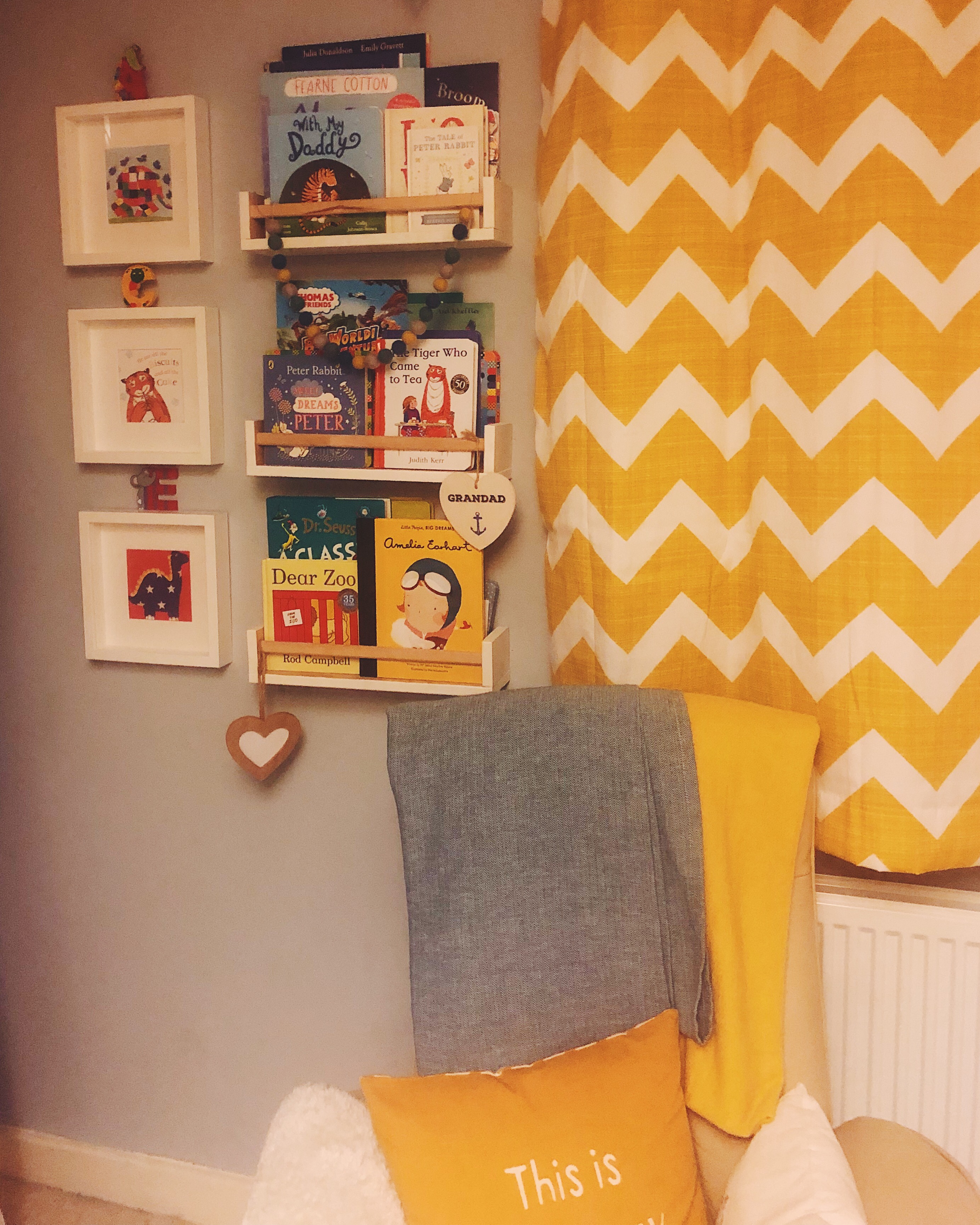Mustard and grey reading corner nursery