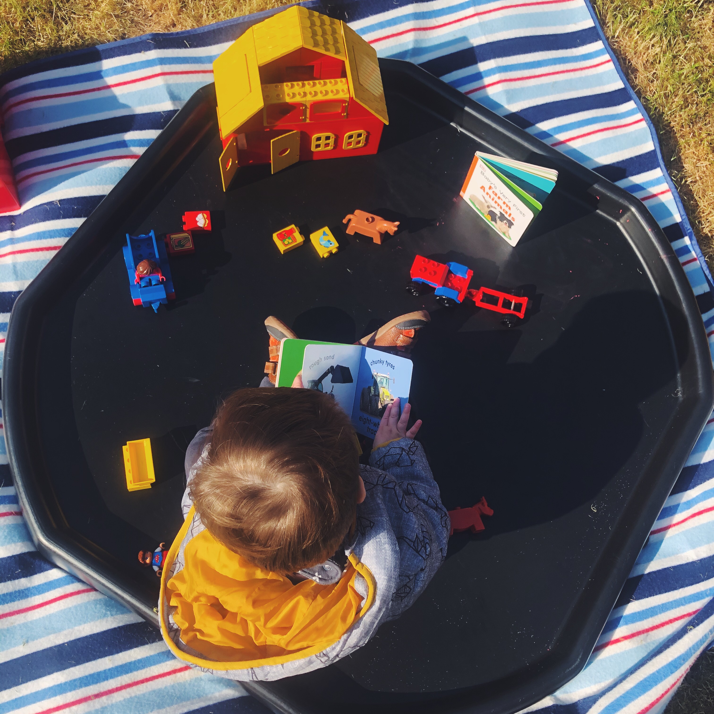 Baby playing outdoors with farm set